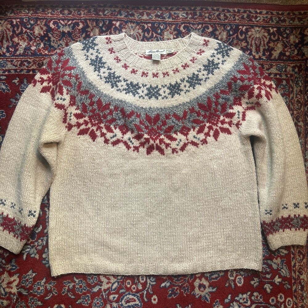 Vintage Eddie Bauer Wool Blend Sweater Women’s Medium Nordic Fair Isle Cream